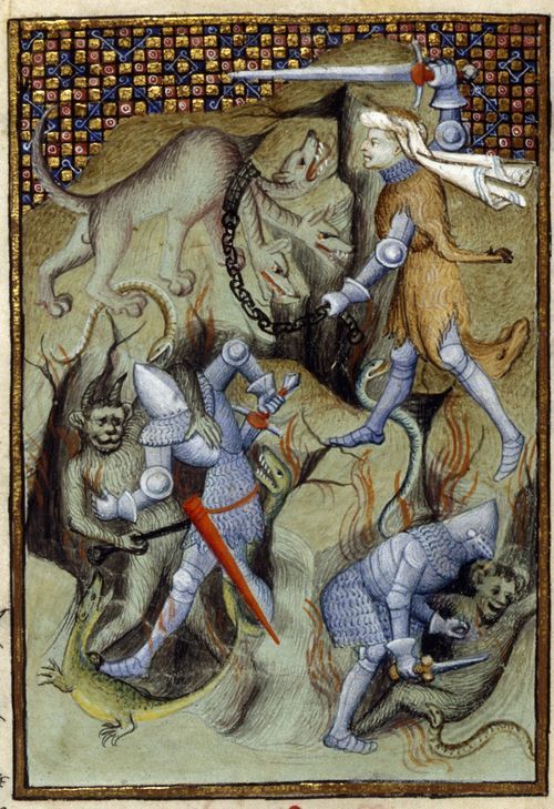 An illustration of Hercules slaying Cerberus, and Theseus and Pirithous battling demons, from Christine de Pizan's The Book of the Queen.