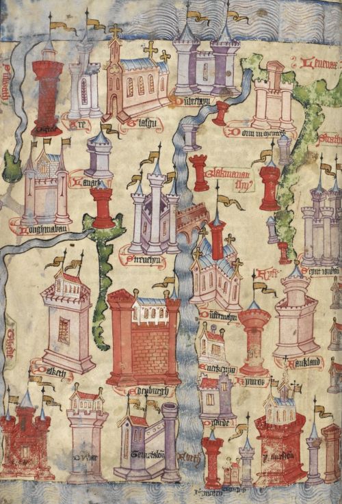 Detail of John Hardyng’s map of Scotland, showing Glasgow, Edinburgh, Dunfermline and St Andrews