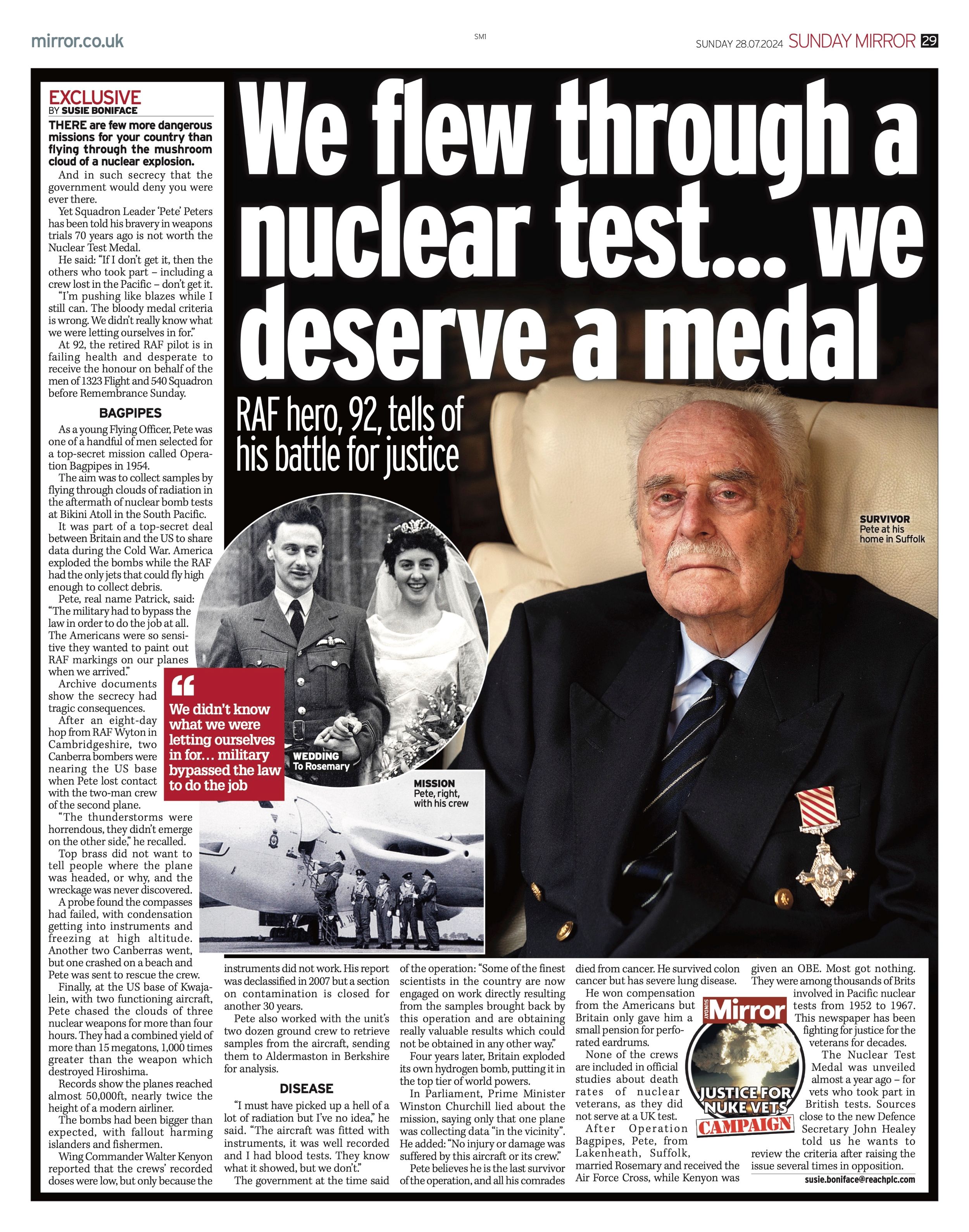 A newspaper article featuring a photo of Pete Peters in a suit.