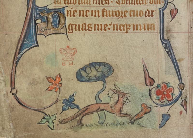 A detail from a Book of Hours, featuring a marginal illustration of a fox running with a bird in its mouth.