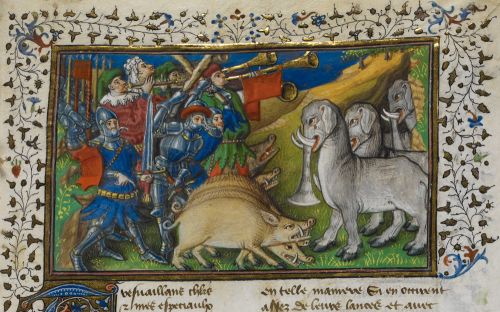 Illustration, armed soldiers behind fanged boars/pigs confronting elephants who have cloven hooves and whose trunks are shaped like trumpets