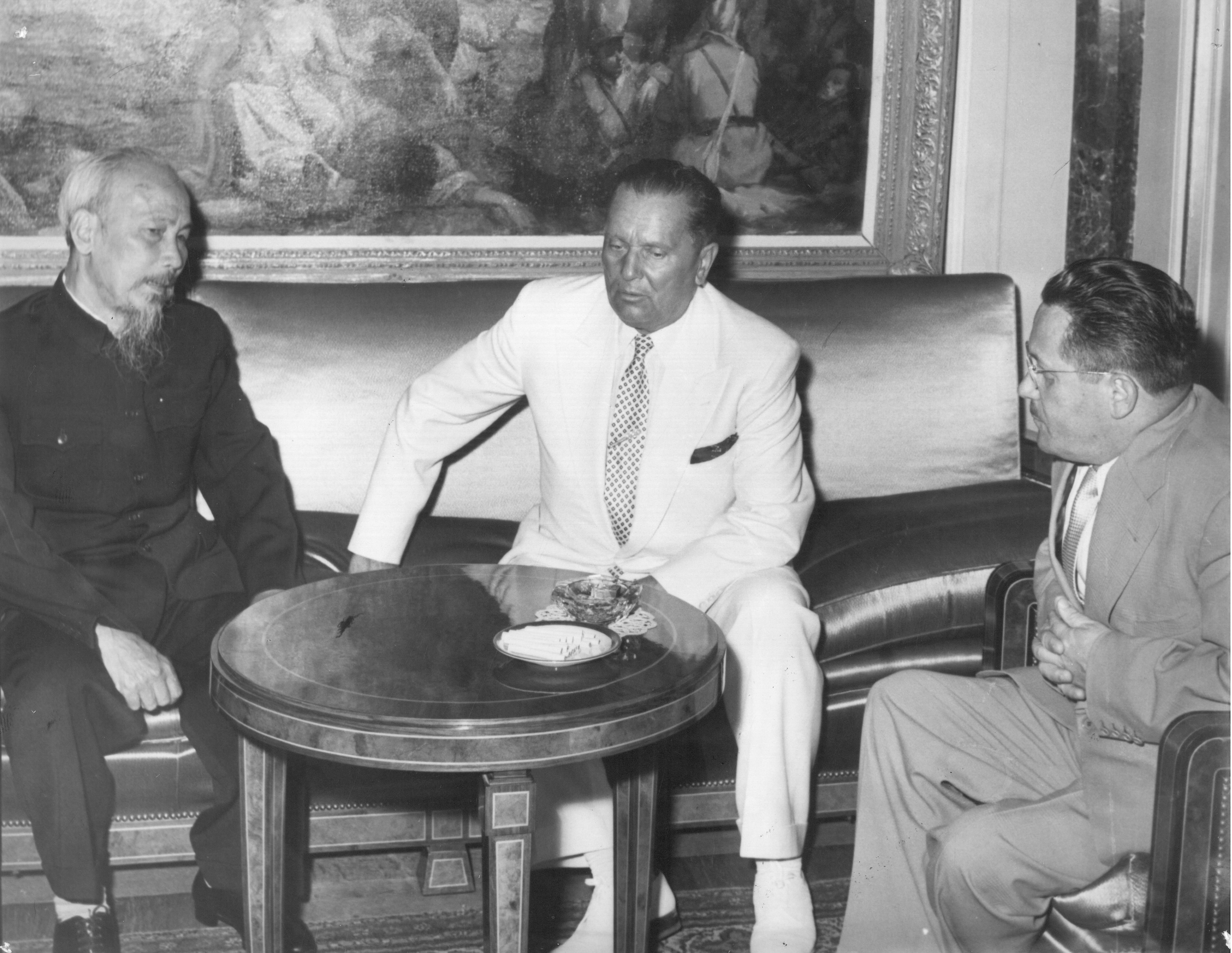 Ho Chi, Minh President of the Democratic Republic of Vietnam and Josip Broz Tito, President of the Socialist Federal Republic of Yugoslavia in Belgrade, 1957.