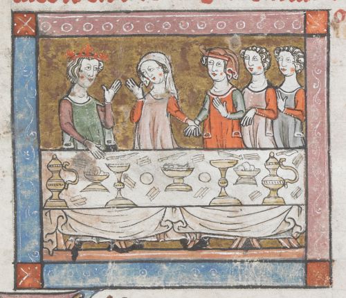 Five figures at a table, one wears a crown