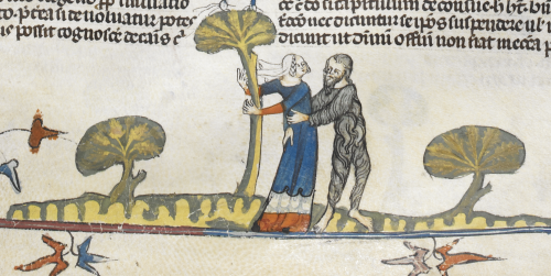 Wodewose attempts to embrace lady; lady appears more taken with the tree, Smithfield Decretals, Southern France (?Toulouse), c. 1300–1340, Royal MS 10 E IV, f 72r.