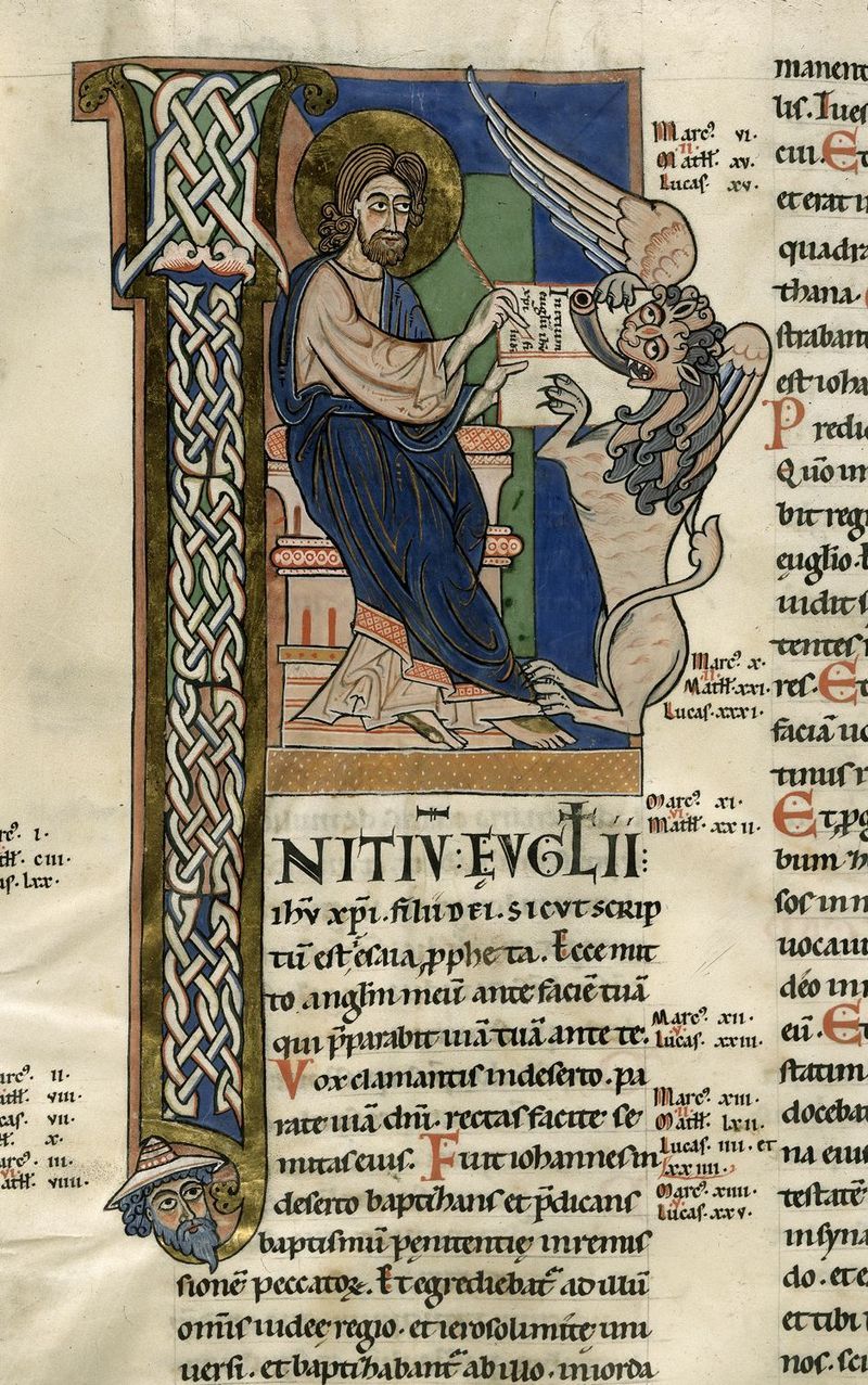 A detail from the Worms Bible, showing a portrait of St Mark writing his Gospel.