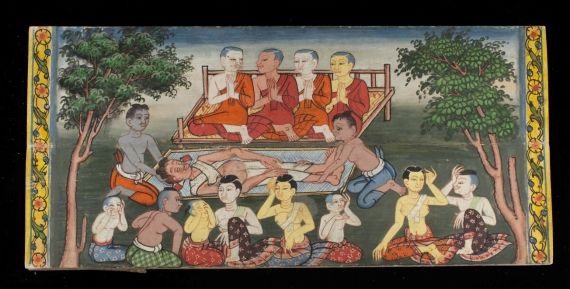 Scene of a vigil with four monks chanting sacred Buddhist texts.
