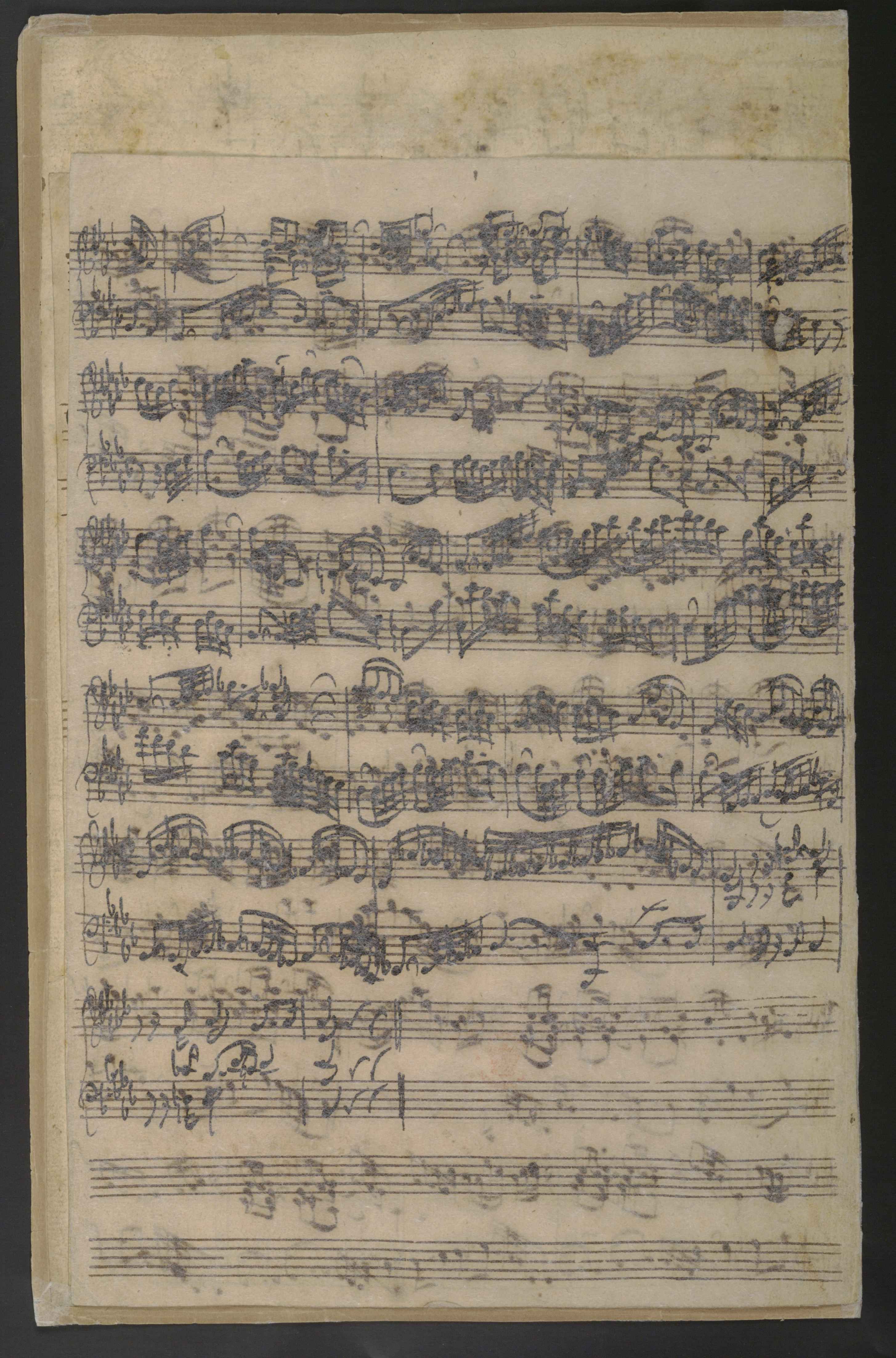 Prelude in A-flat major (BWV 886), showing previous conservation work. Add MS 35021, f. 13v.