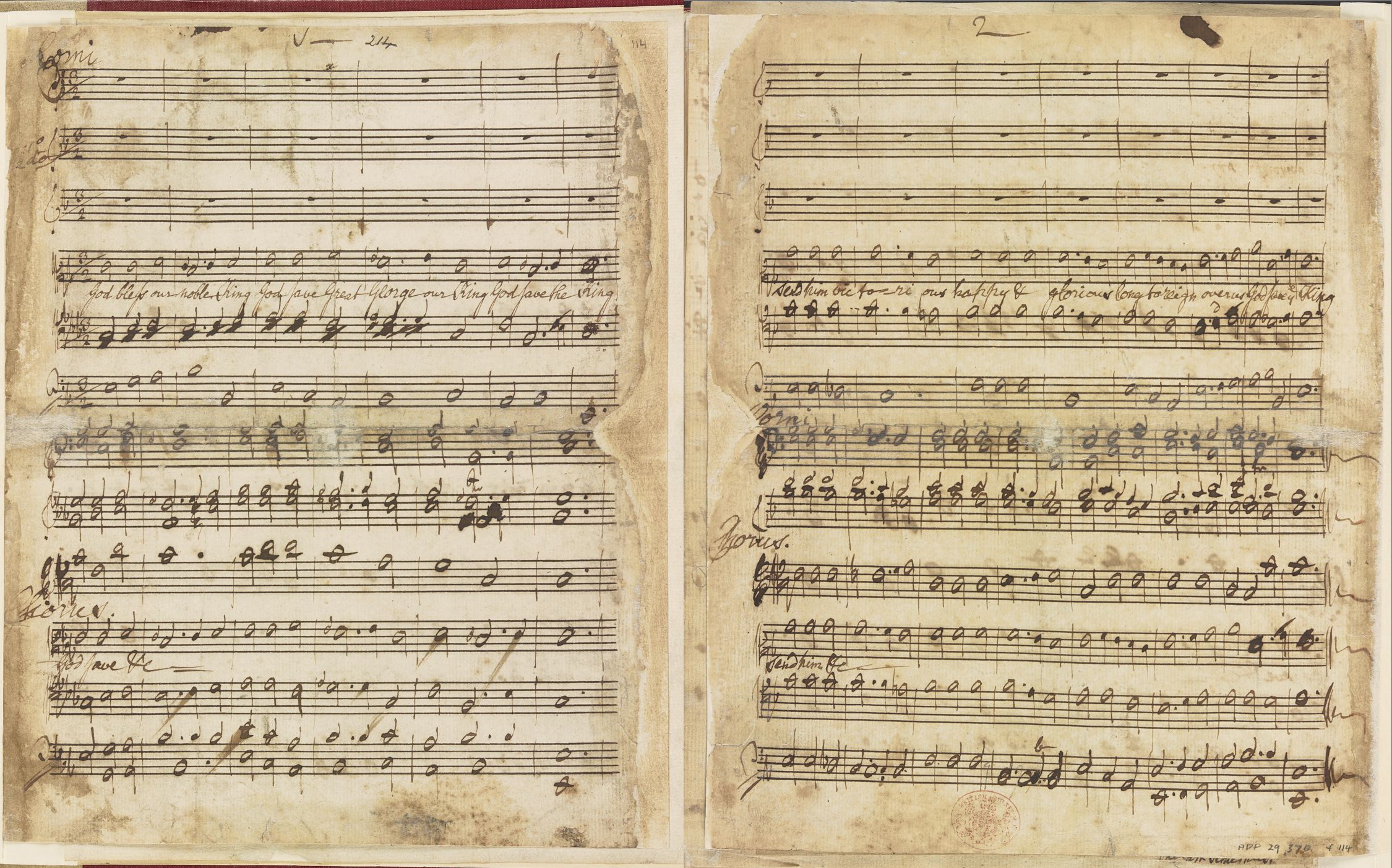 ‘God bless our noble King’ in the hand of Thomas Arne harmonized for 3-part chorus, with instrumental accompaniment.