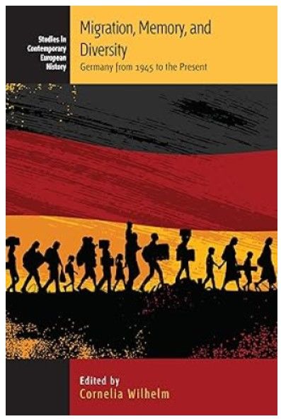 Book cover, silhouettes of people walking carrying bags and boxes, set against a German flag