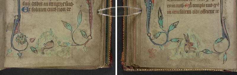 A detail from a Book of Hours, featuring a marginal illustration of a rabbit running into a hole and emerging the other side.