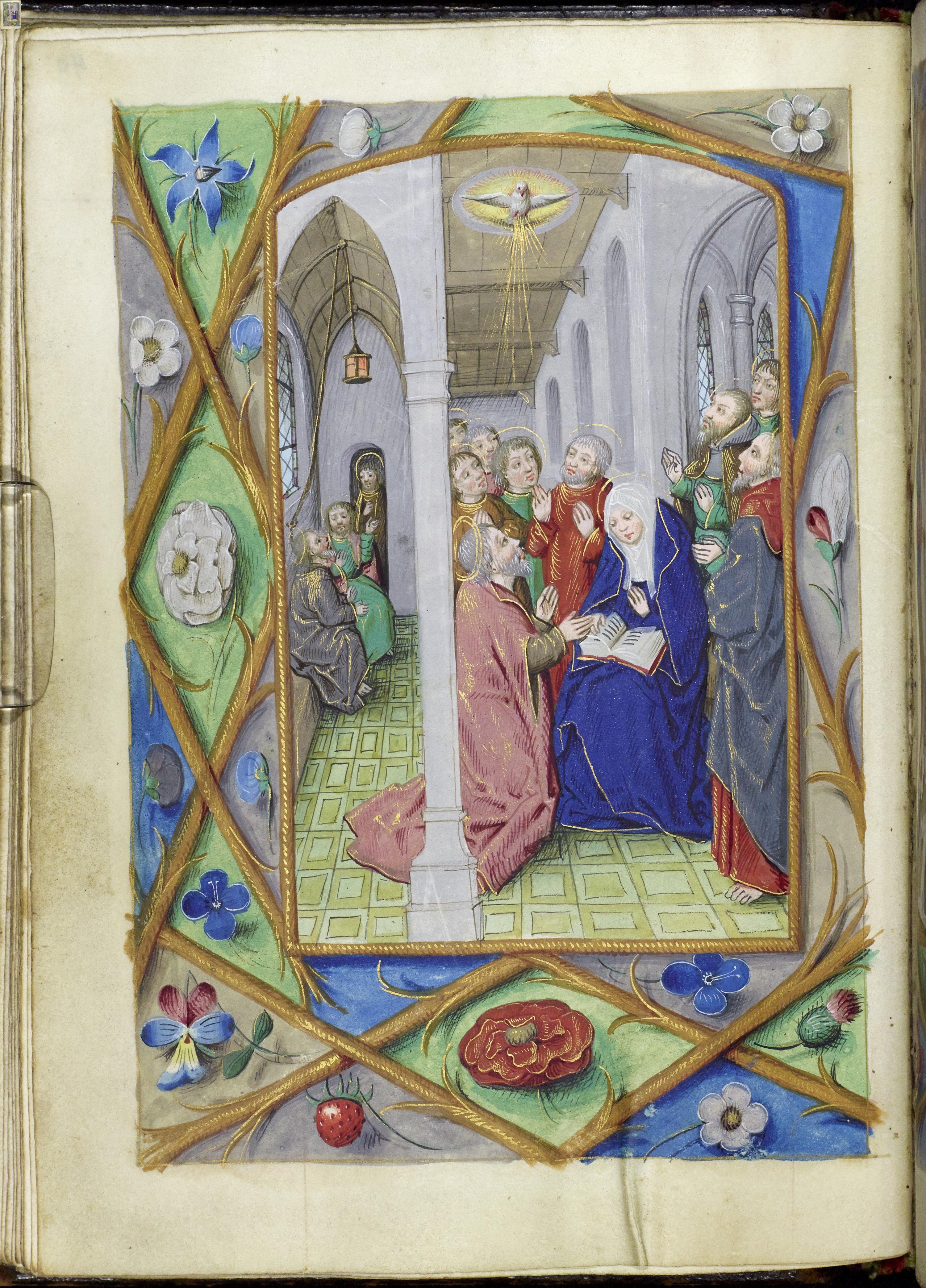 A page from a medieval Book of Hours, showing an illustration of the story of Pentecost.