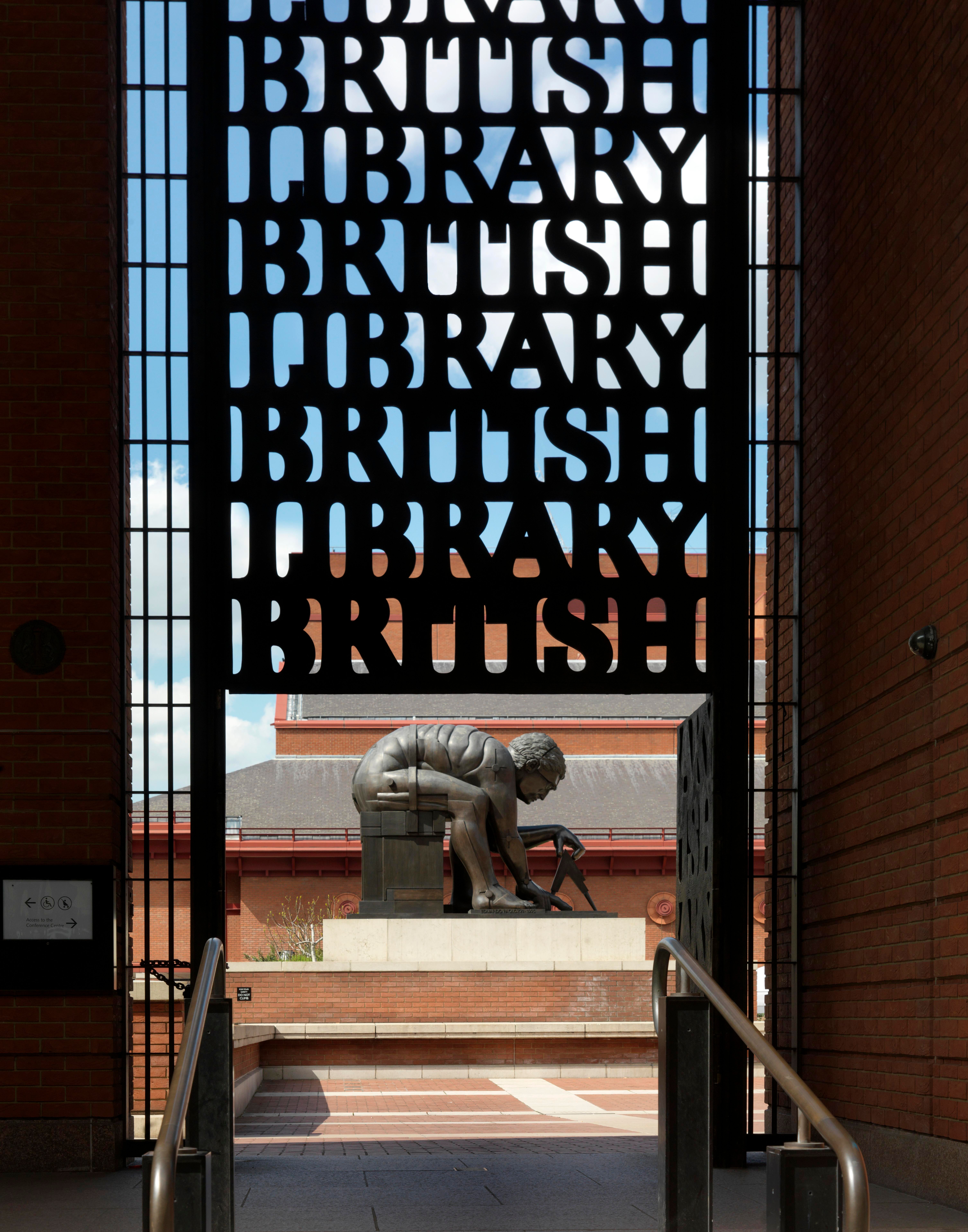 British Library gates and Newton statue by Eduardo Paolozzio courtesy of the British Library