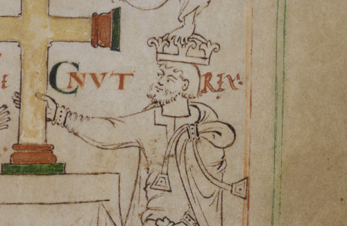 Detail of Cnut holding a cross.
