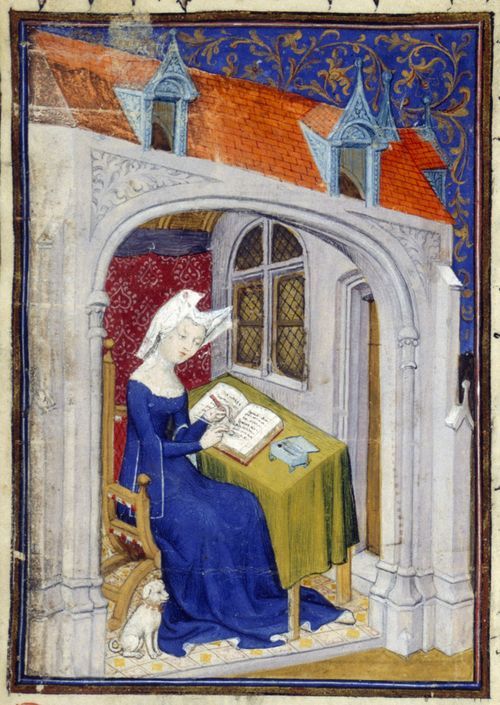 An illustration of Christine de Pizan writing in her study.