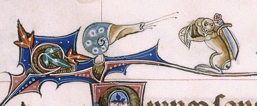 A marginal illustration from the Gorleston Psalter, showing a snail in combat with an armed monkey.