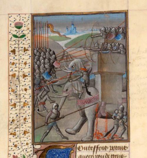 Illustration of soldiers attacking elephants who carry towers of archers on their backs