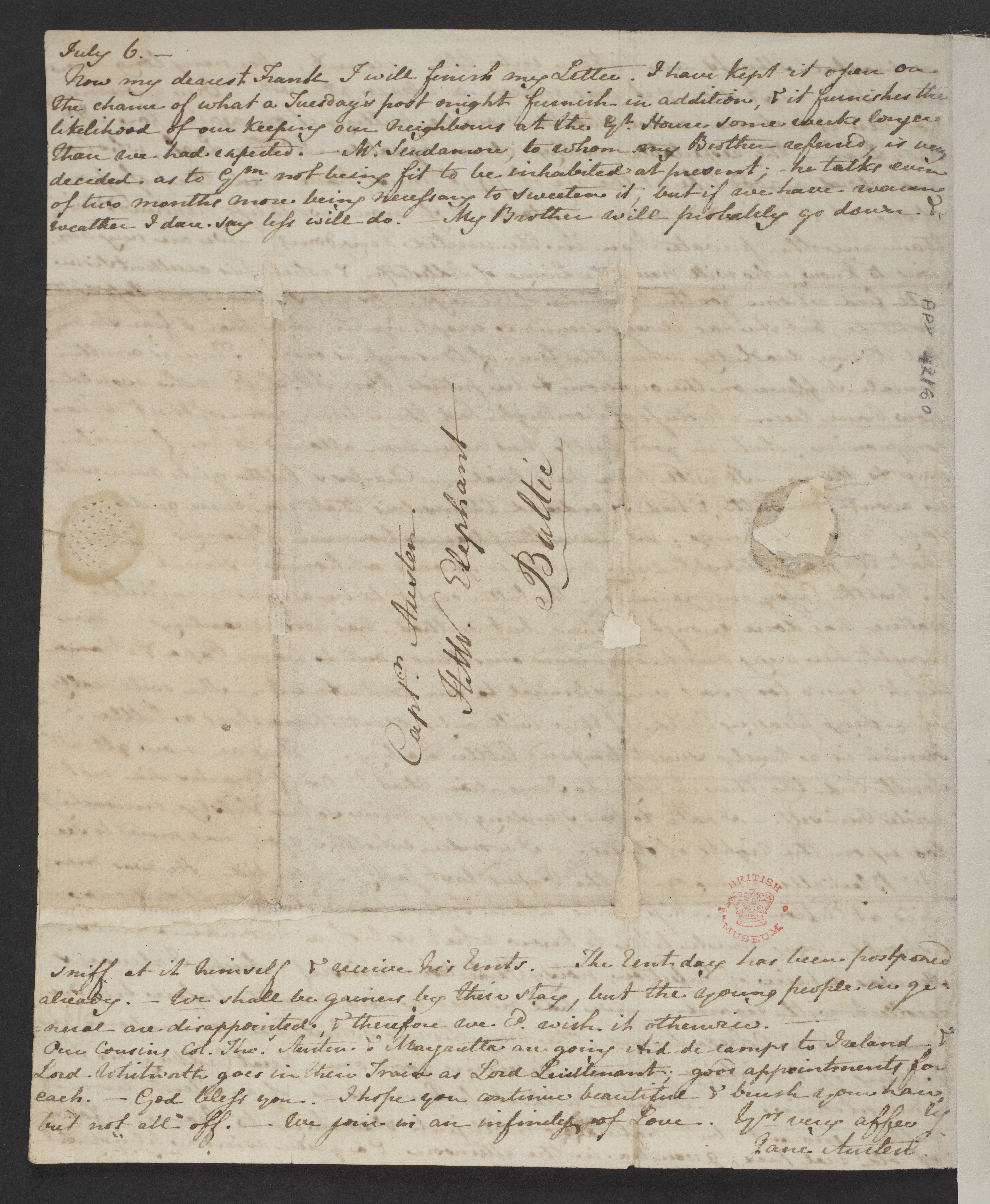 The fourth page of Jane Austen’s letter to her brother Frank showing his address (Captain Austen/ HMS Elephant / Baltic).