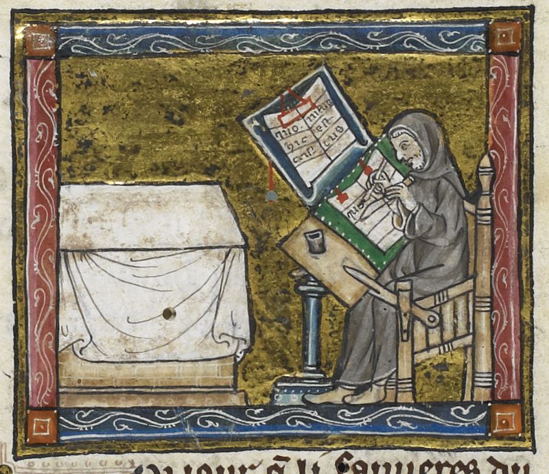 A detail from a 14th-century manuscript, showing an illustration of a hermit writing.