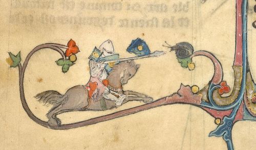 A marginal illustration from a 14th-century manuscript, showing a mounted knight jousting against a snail.
