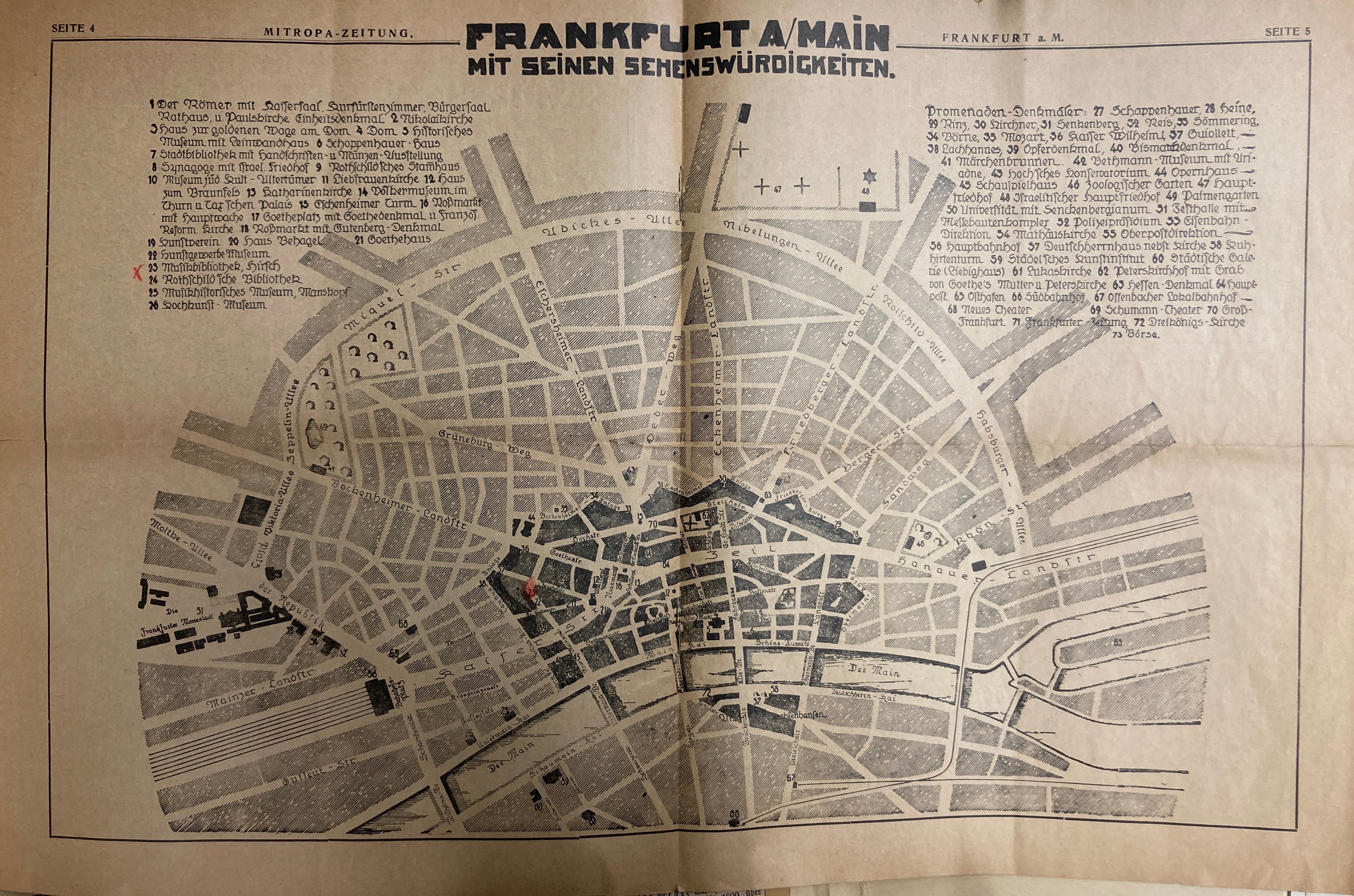 Map of Frankfurt am Main, with Hirsch’s Music Library highlighted.