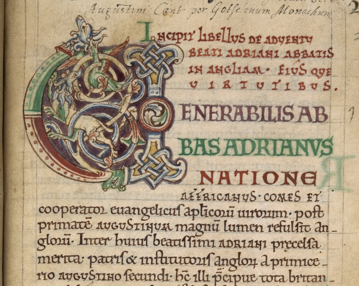 The opening of Goscelin's Life of Hadrian, showing a large decorated initial.
