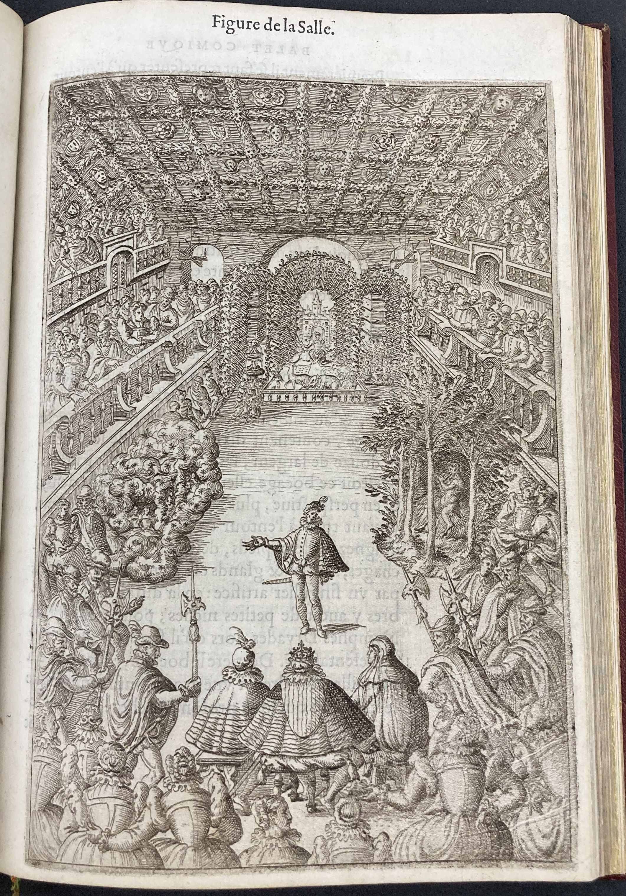Engraved illustration of court ballet with performer in centre and audience in galleries.