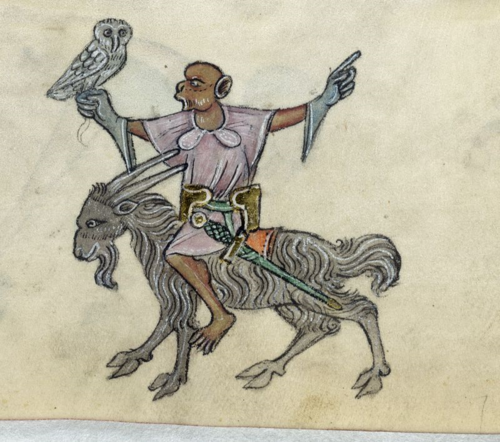 A detail from the Luttrell Psalter, showing a marginal illustration of a monkey holding an owl and riding a goat.