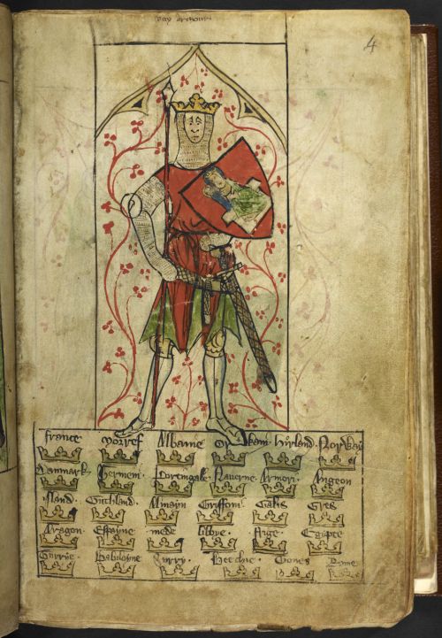 Illustration of a man in armour wearing a crown holding a spear and holding a shield