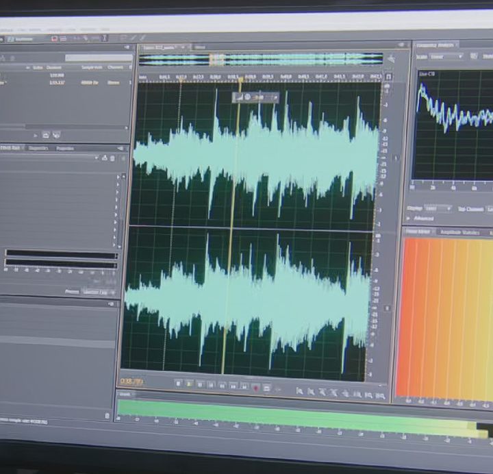Computer monitor with sound editing software displayed.