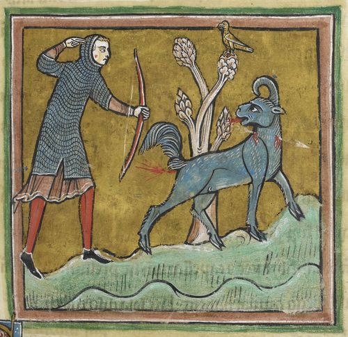 Detail of a miniature of a bonnacon repelling pursuit.