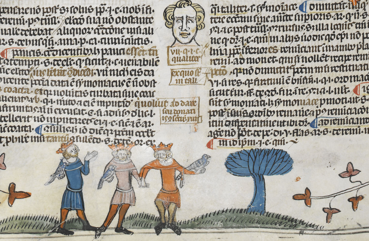 A detail from the Smithfield Decretals, showing a marginal illustration of three kings hawking.