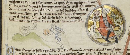 An illustration from a genealogical roll, showing a knight in combat with a snail.