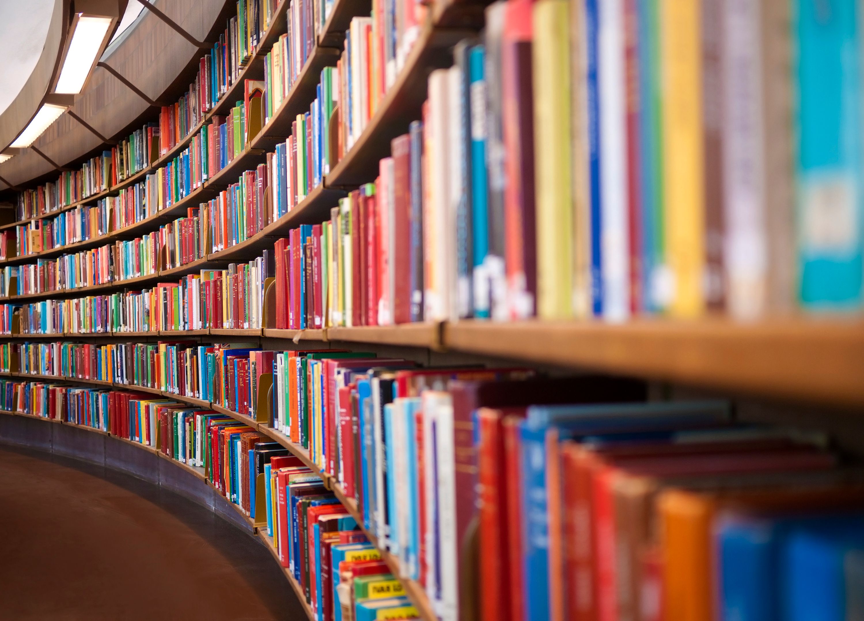 Library books on curved shelves.
