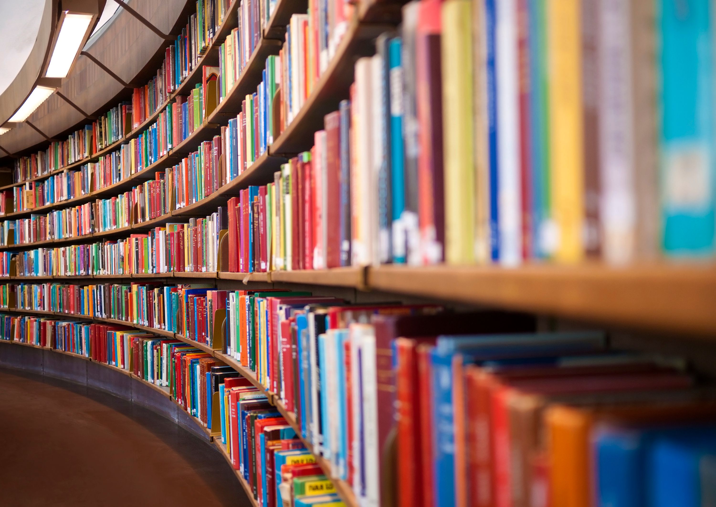 Library books on curved shelves.