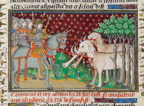 Illustration, armed knights on horseback use spears to stab cloven hooved elephants