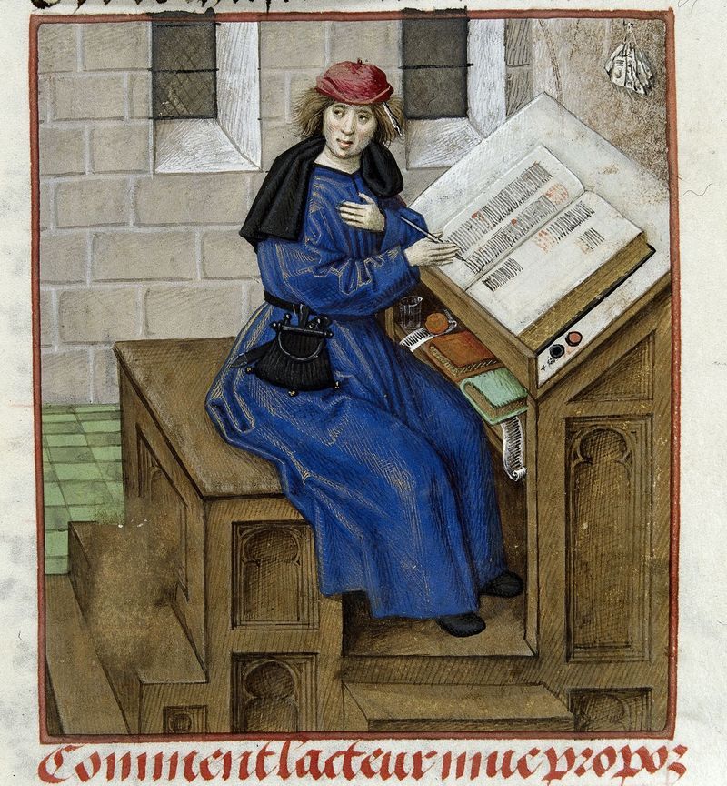 A detail from a manuscript of the Roman de la Rose, showing an illustration of one of the text's authors writing at a desk.