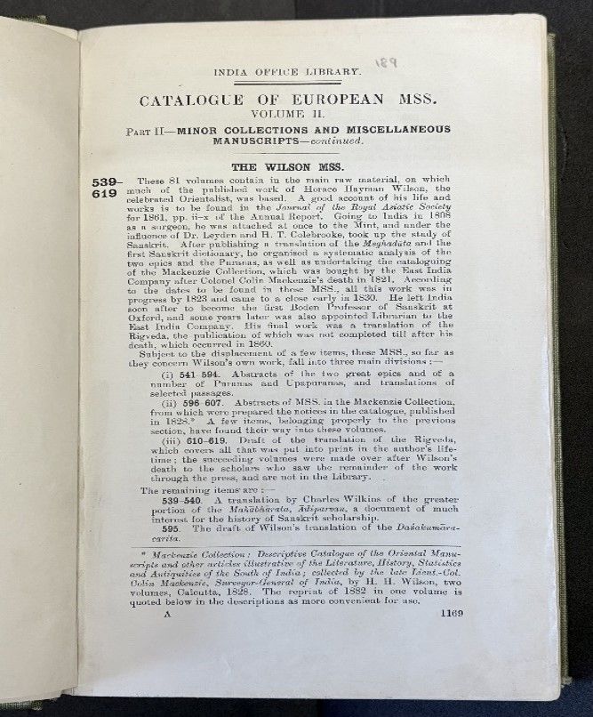 Page 1169 of the printed catalogue of European Manuscripts Volume II, Part II showing an overview summary of the Wilson Manuscripts