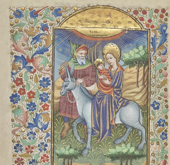 An opening from a medieval manuscripts, showing a full-page illustration of the Flight of Mary and Joseph into Egypt, with foliated borders in colours and gold.