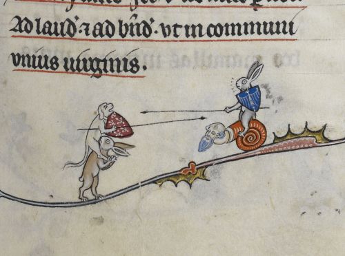 Manuscript illustration detail. A rabbit carried a dog holding a shield and spear on its shoulders. Opposite them a snail with the head of a bearded man carried a rabbit on its back, the rabbit holds a blue shield and a lance