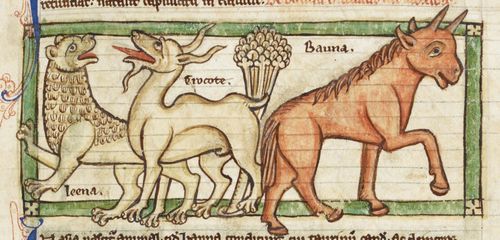 Detail of miniature of a lioness, a crocote, and a bonnacon.