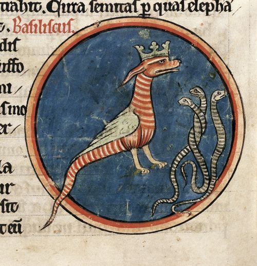 Detail of a basilisk wearing a crown.