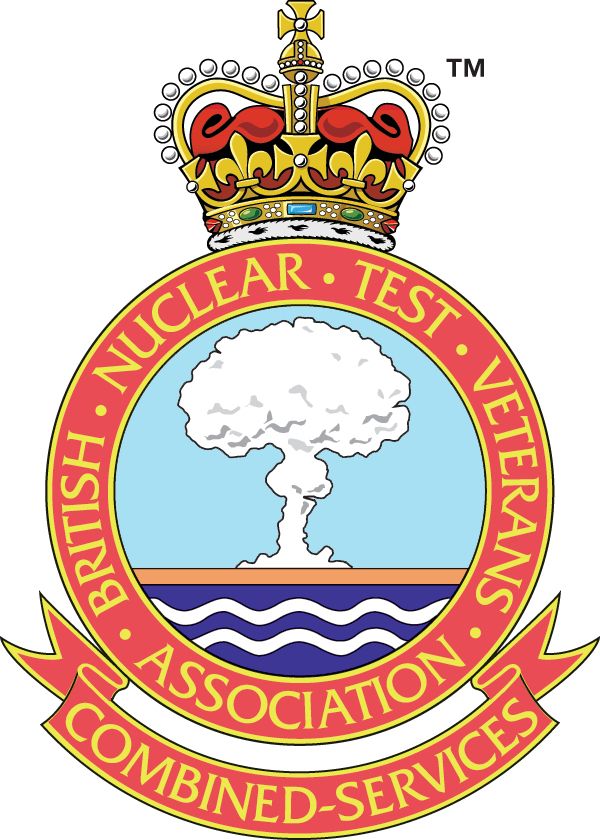 A crown sits on top of the main logo, which comprises a red circle and gold text, and reads: 'British Nuclear Test Veterans Association'. Inside the circle, the logo features a white mushroom cloud against a sky blue background. The banner underneath the logo reads: 'Combined Services'.