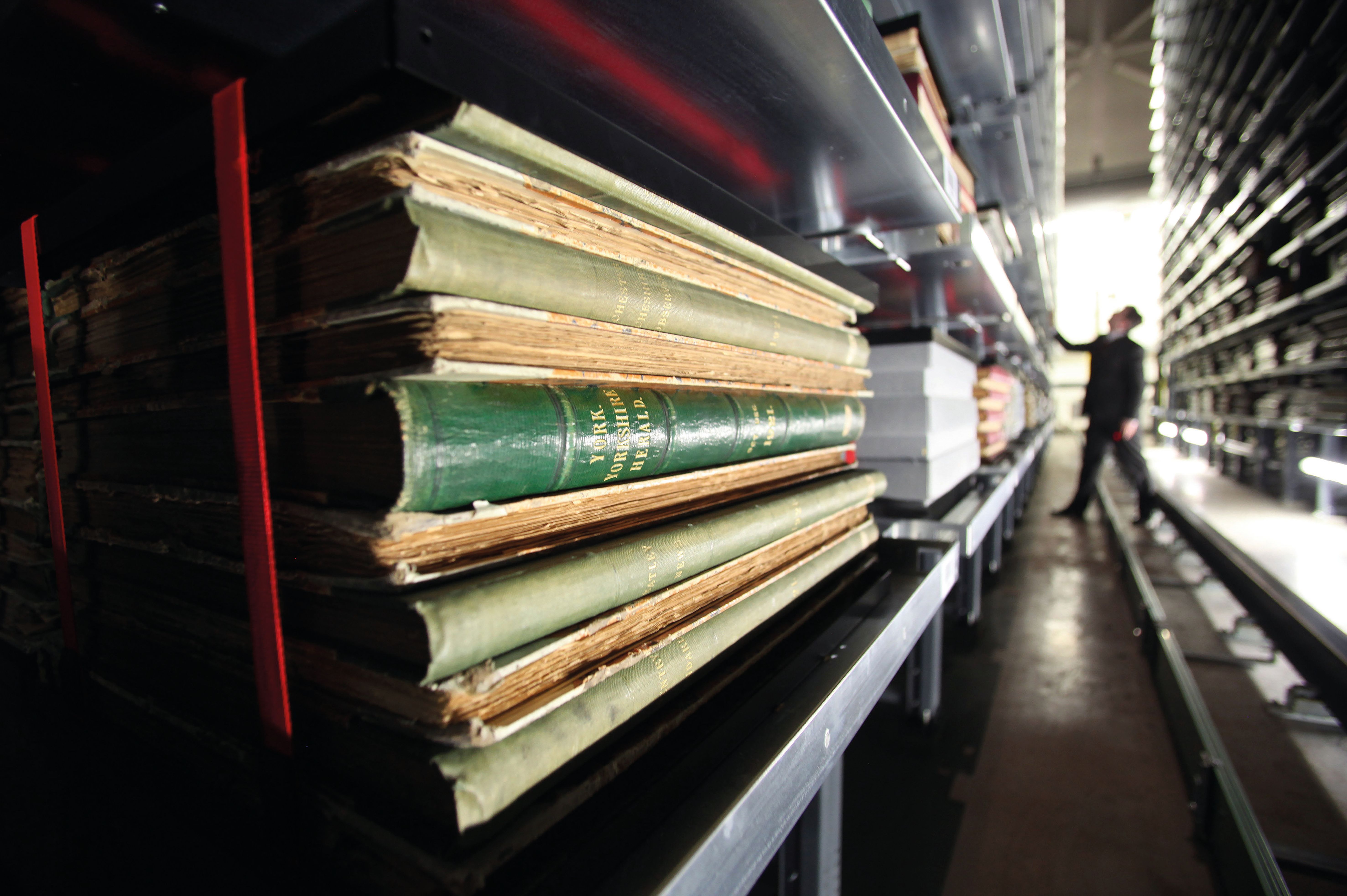 Shelves of bound newspapers at the British Library.