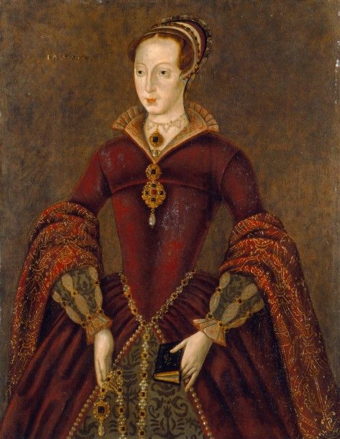 A portrait of Lady Jane Grey wearing a red dress and various jewels and holding a small book in her left hand.