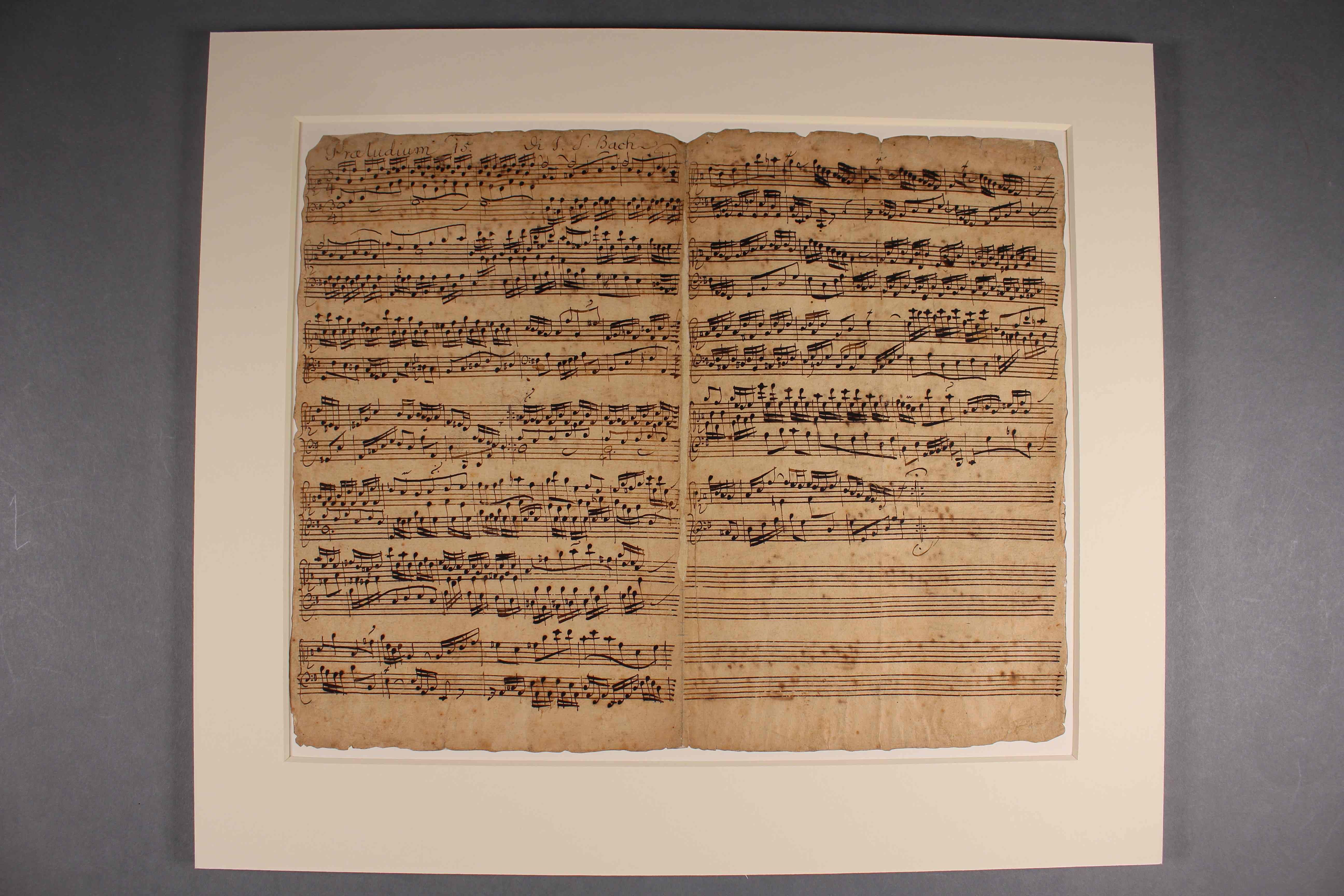 Bach manuscript Add MS 38068, f. 1r, after treatment, in the new card mount.
