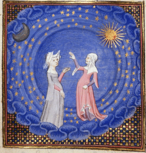 Christine and the Sybil pointing to a ladder from the heavens, from the Book of the Queen, France (Paris), c. 1410-1414, Harley MS 4431, f. 189v.png