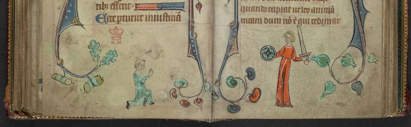 An opening from a Book of Hours, featuring a marginal illustration of a man surrendering to an armed woman.