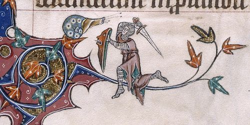A marginal illustration from the Gorleston Psalter, showing a knight in combat with a snail.