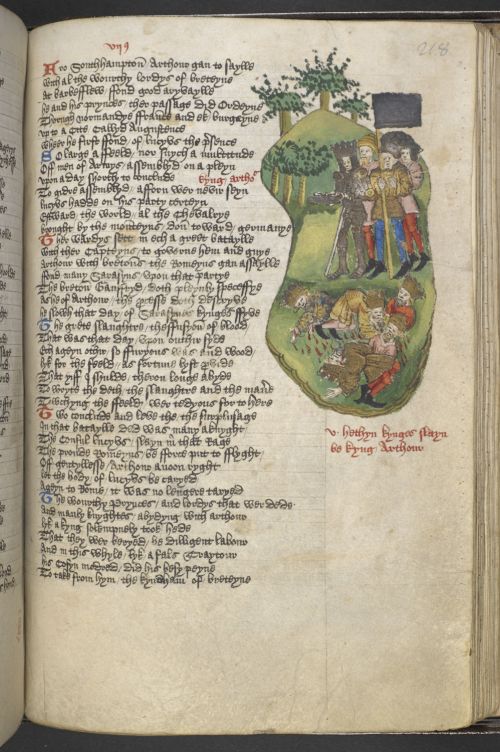 Manuscript page. Right: illustration of armed soldiers killing other figures