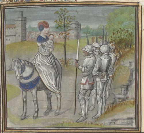 A women holding a child is on horseback, right: armed and armoured soldiers stand before her